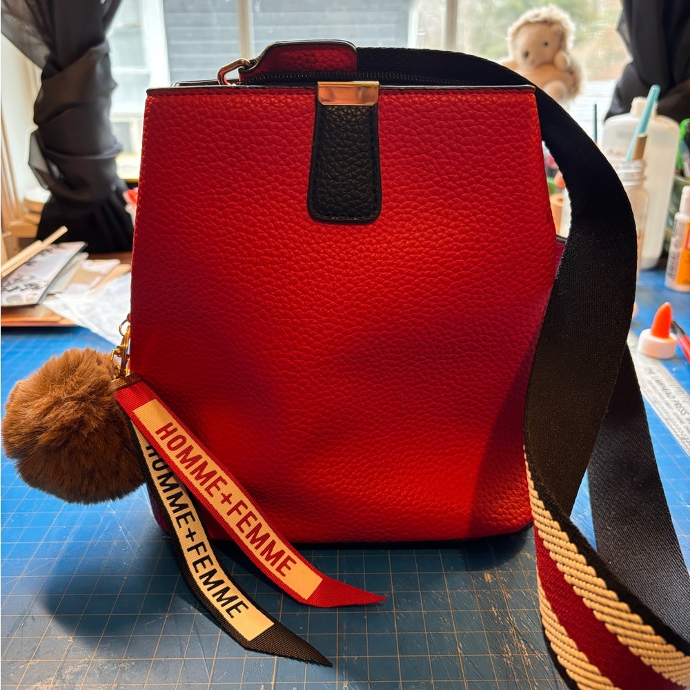 Homme+Femme Red Crossbody Bag with Pom Pom